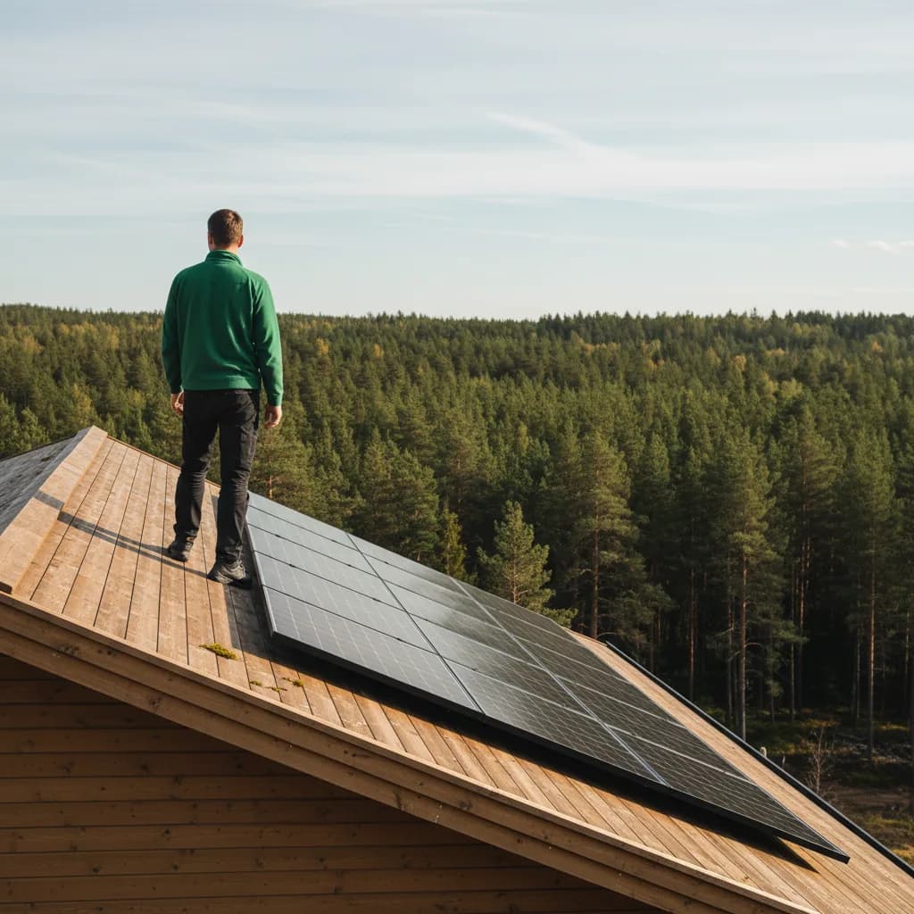 Solarheim installer on a Nordic rooftop on a clear day